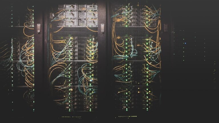 Dark server room with blue LED lights for AVD performance article